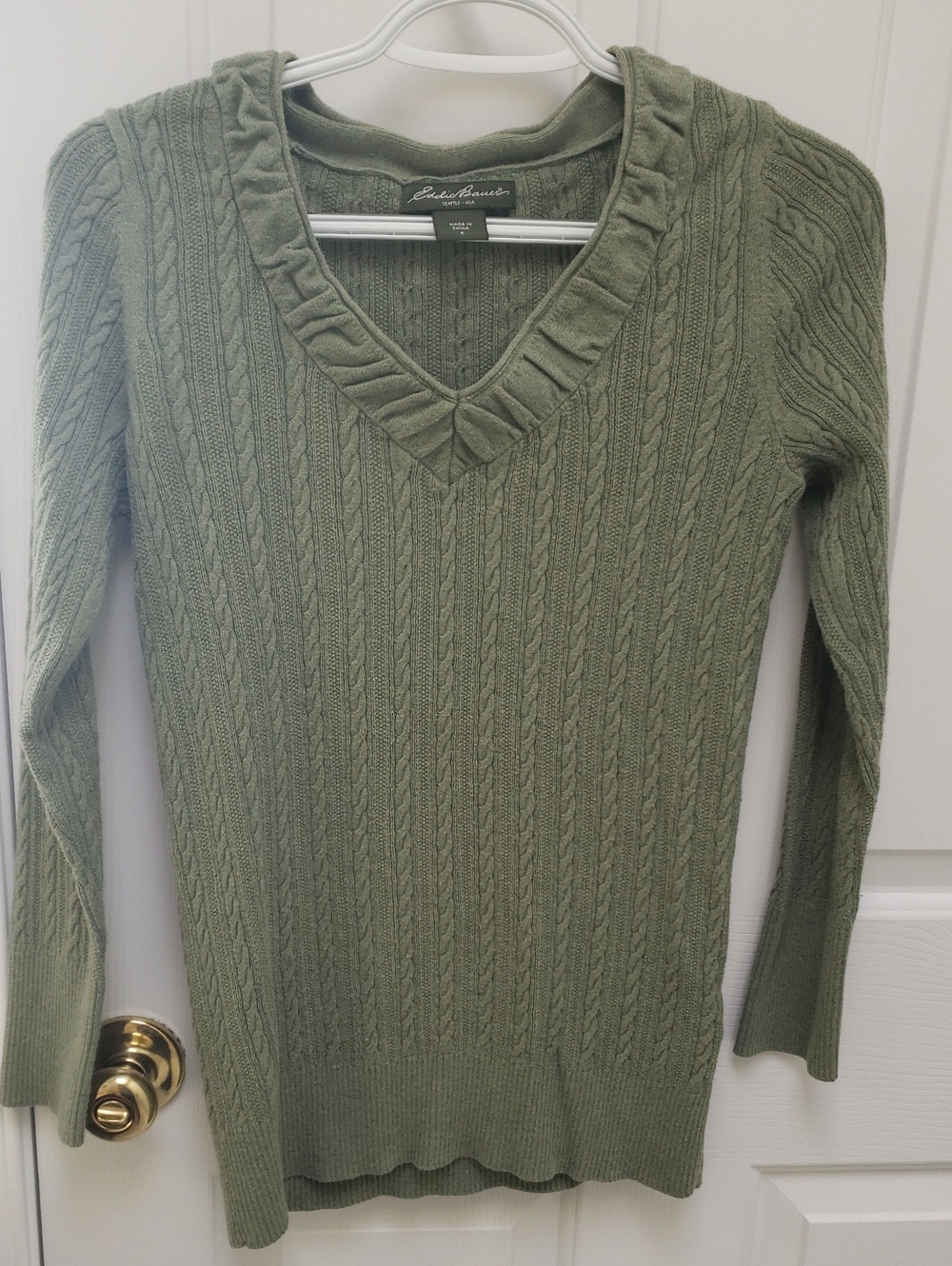 Eddie Bauer Olive Cable-Knit V-Neck Sweater